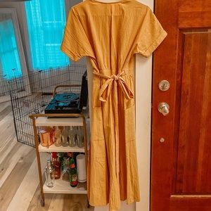 mustard wrap tie-back midi dress
